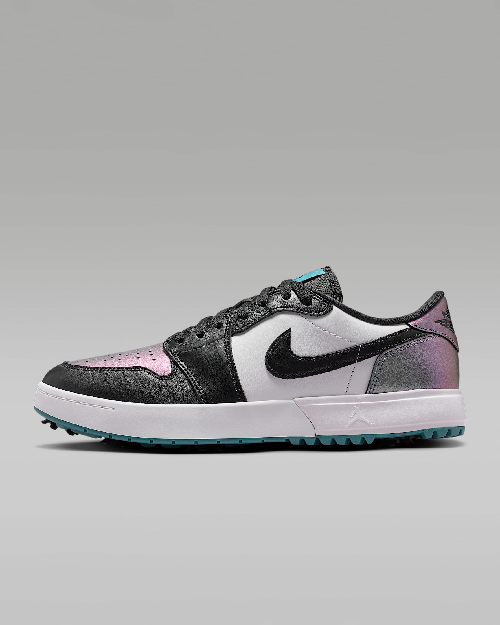 Air Jordan 1 Low G Golf White Black and Iridescent Teal Sneakers