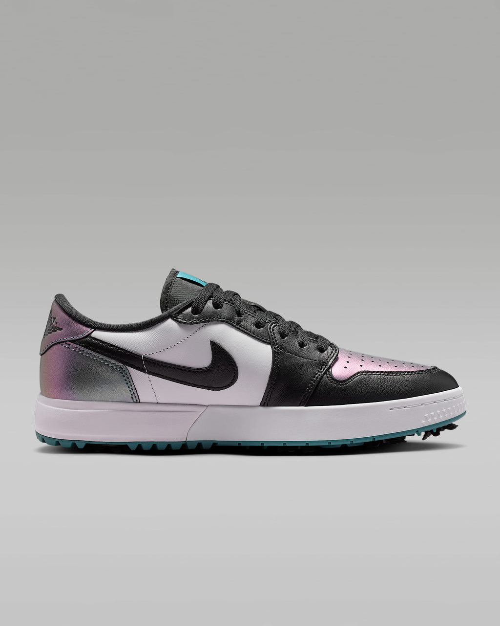 Air Jordan 1 Low G Golf White Black and Iridescent Teal Sneakers