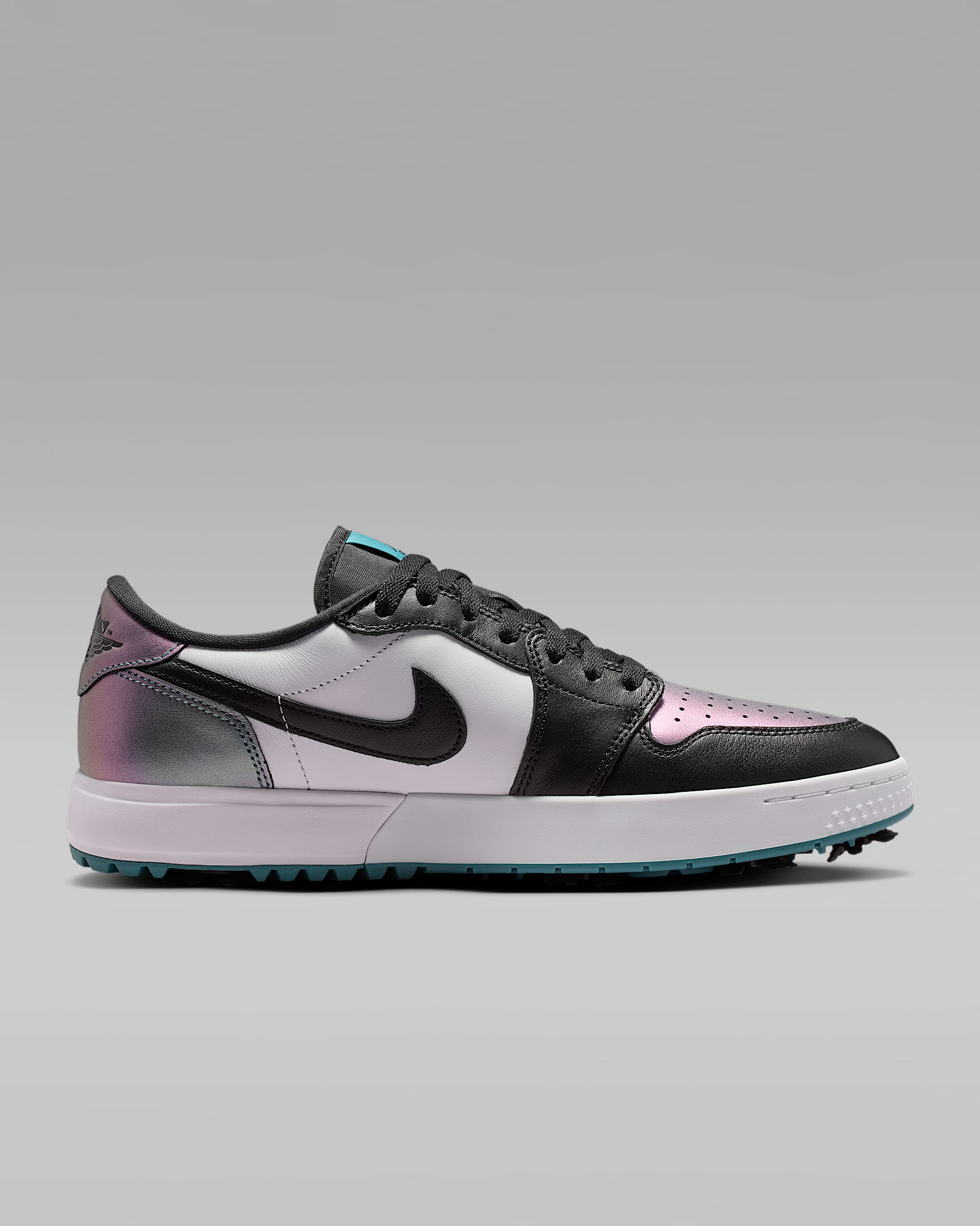 Air Jordan 1 Low G Golf White Black and Iridescent Teal Sneakers