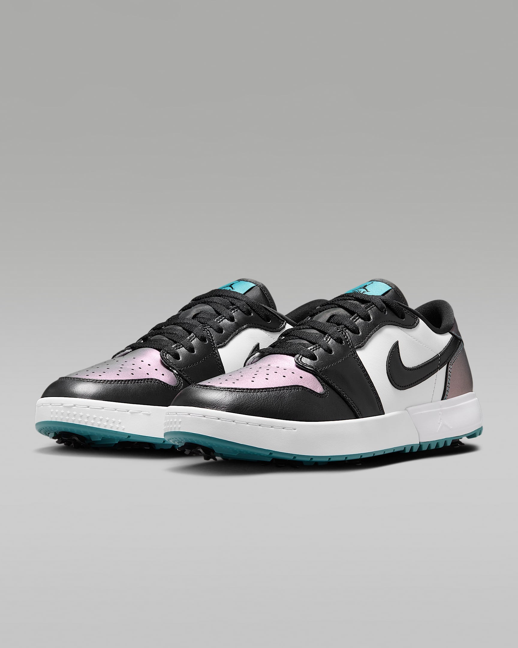 Air Jordan 1 Low G Golf White Black and Iridescent Teal Sneakers