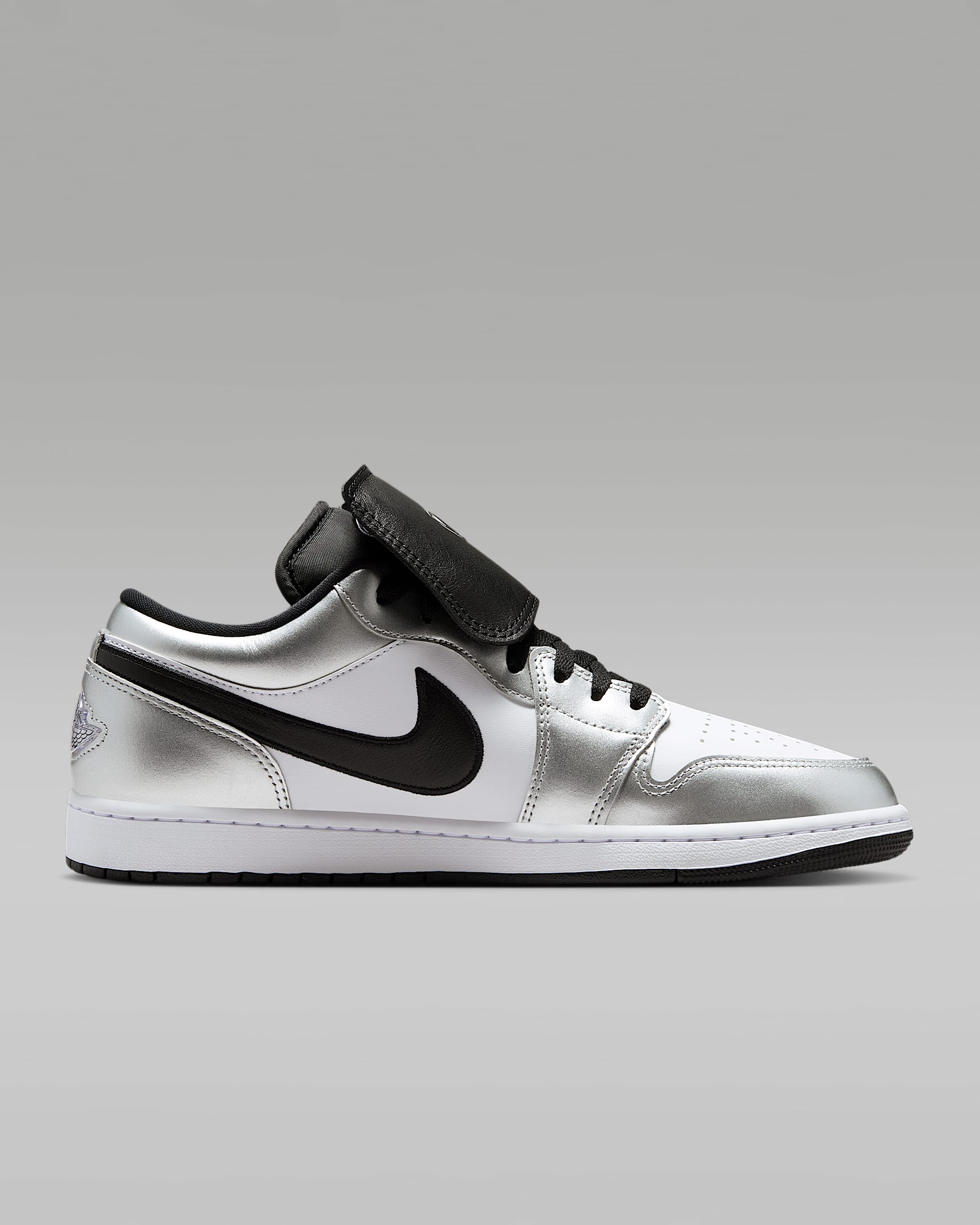 Air Jordan 1 Low FlyEase White Metallic Silver Black Leather Sneakers