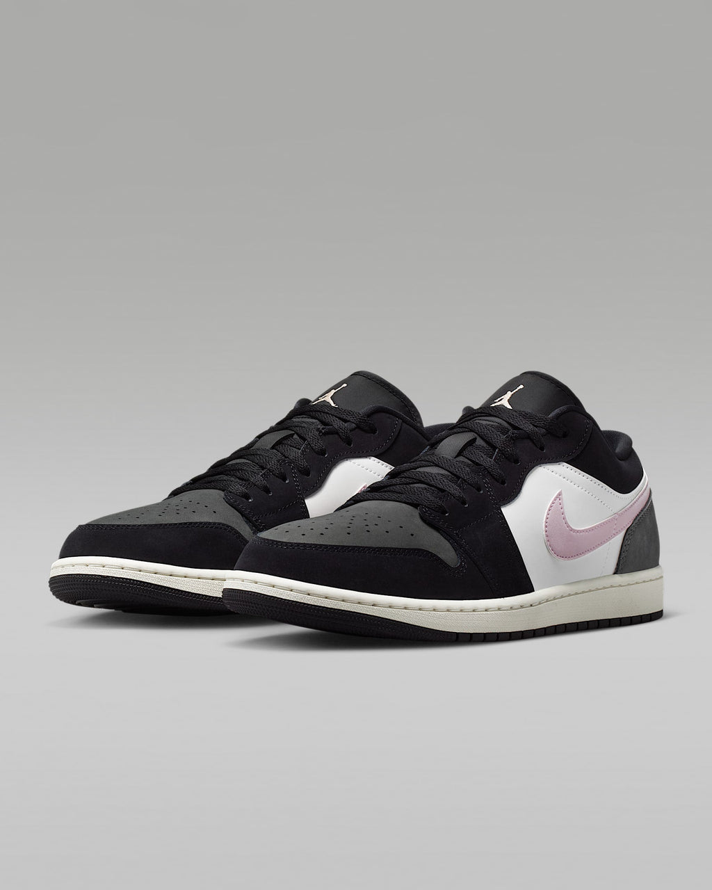 Air Jordan 1 Low Black White Medium Olive and Pink Foam Sneakers