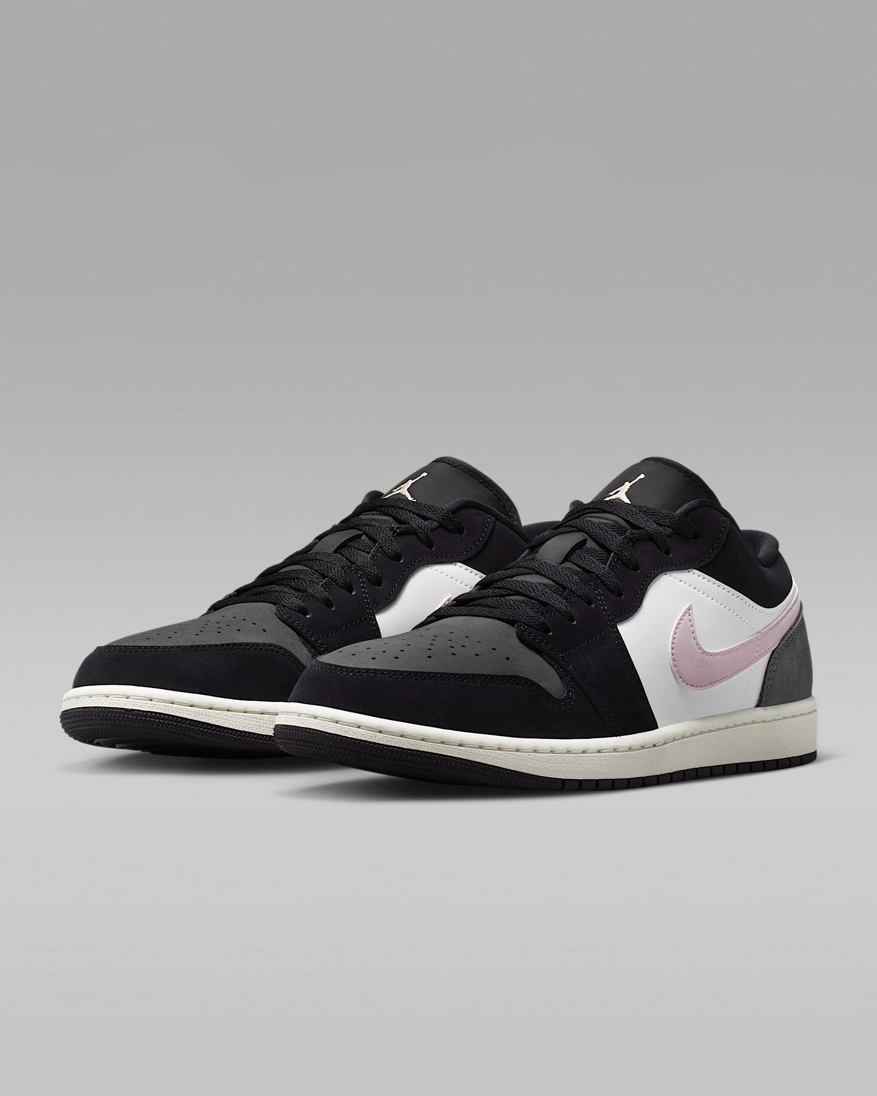 Air Jordan 1 Low Black White Medium Olive and Pink Foam Sneakers