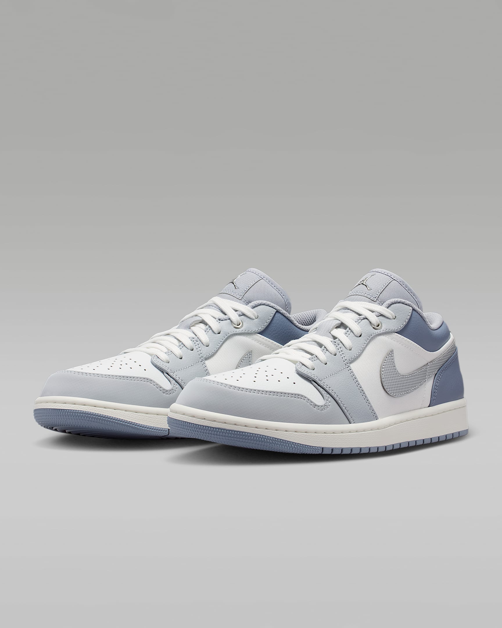 Air Jordan 1 Low White Slate Blue Grid Swoosh Mixed-Material Sneakers