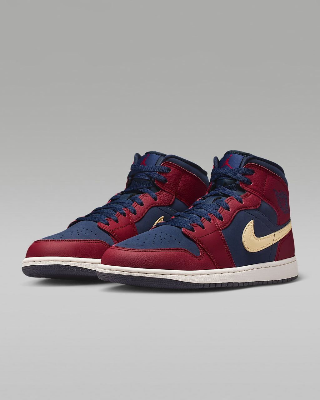 Air Jordan 1 Mid OG Navy Red Cream Swoosh Leather Sneakers